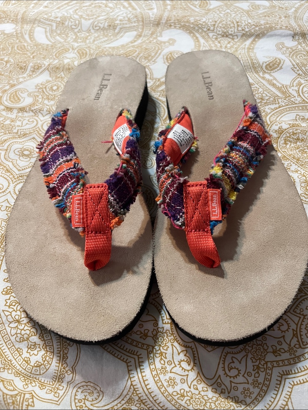 L.L. Bean Beige Footbed Flip-Flops with Multicolor Woven Straps